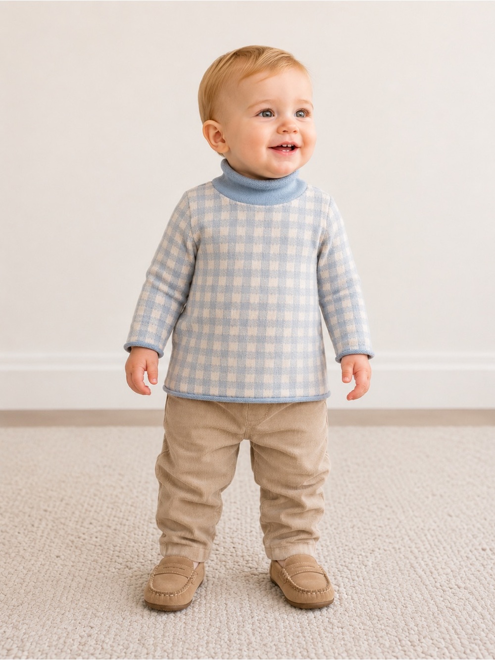 Blue & White Gingham Knit Rollneck Sweater